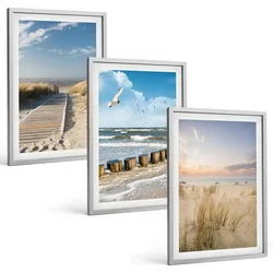 BILDER SET 3er Set - 40x60 cm Silberner Rahmen - Strand, Sand, Wellen, Himmel, Vögel