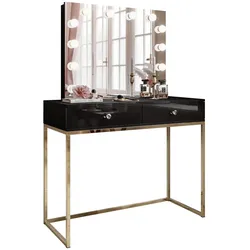 SCHMINKTISCH BLANCO ELITE mit Spiegel und Beleuchtung Gold Chrom Schwarz Hochglanz Kristallgriff