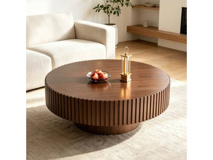 DAXUESEH Runder Couchtisch 80 cm aus Walnussholz mit Geriffelter Oberfläche Moderner Runder Beistelltisch mit stabilem Sockel für Wohnzimmer und Wohnung Einfache Montage