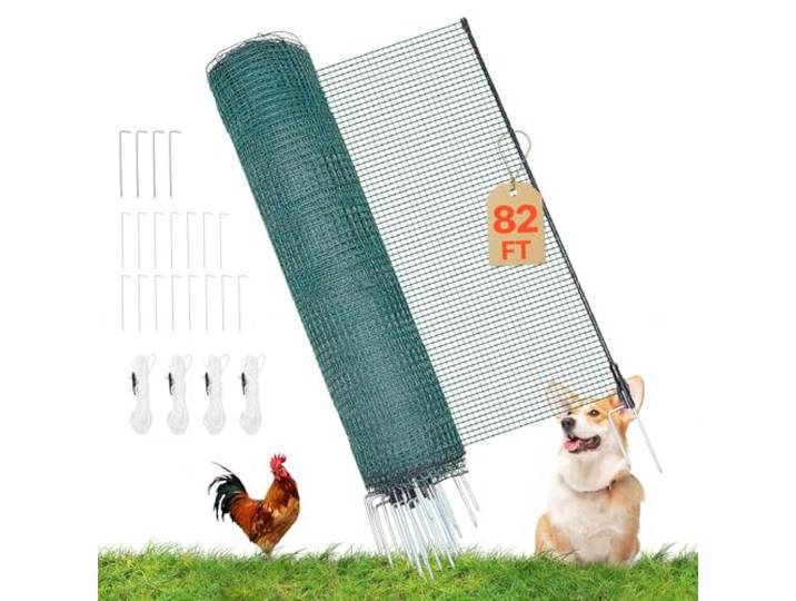 VEVOR Clôture Filet Mobile 25x0\,9 m Filet de Clôture pour Chien en Plastique Temporaire pour Poules\, Plantes\, Jardin\, Cours Extérieures\, Mailles Serrées\, avec Poteaux\, Piquets à Double Pointe\, Haubans