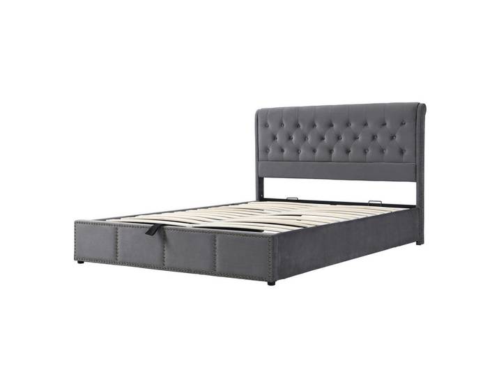 Modfu Polsterbett aus Samt 140x190 cm in Grau mit Bettkasten, 140x200 cm, Schlafzimmer, Betten, Polsterbetten