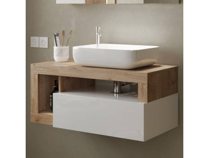 Meuble vasque 92cm suspendu 1 tiroir blanc laqué aspect bois cadiz