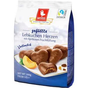 Weiss Lebkuchen gefüllte Herzen, Vollmilch, fruchtig gefüllt & mit Schokolade, 300 g