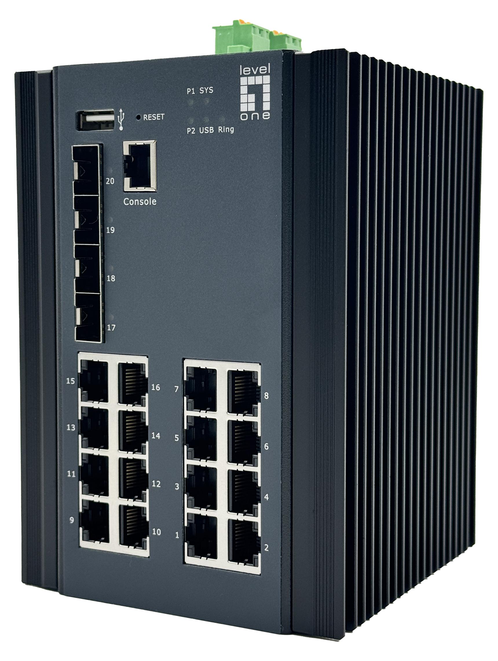 LevelOne 20-Port L2+ Managed Gigabit Industrieswitch, 16x 1GbE RJ45, 4x 1/2.5GbE SFP, DIN-Schienenmontage, -40°C bis 75°C, Managed, L2+, Gigabit Ethernet (10/100/1000)