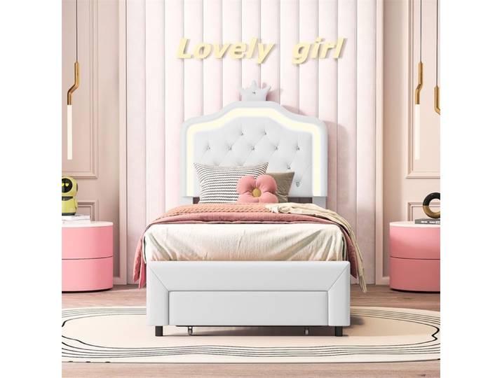 Lit simple 90x200cm - Lit enfant 90x200cm avec LED - Lit avec 1 Tiroir - Sans matelas - Blanc