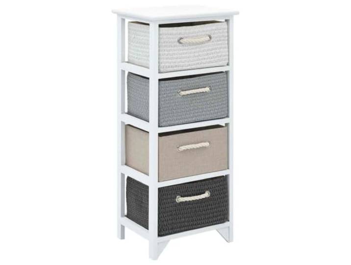 Beistellschrank mit 4 Körben aus Holz, Landhausstil, Schubladenkommode Vielseitig nutzbar, austauschbare Schubladen, Schnur-Griffe, kompakte Größe, rustikales Design
