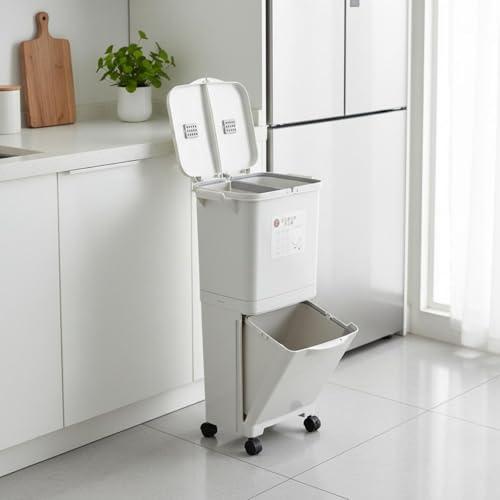 Küchen Abfalleimer Mülleimer Recyclingbehälter mit Doppelkammer für Trockene Und Nasse Trennung Geruchsarm mit Deckelfach Und Pedal Fahrbar mit 360, 45L, Jp D-Behälter D-Deckel