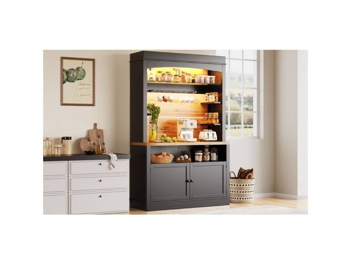 Colonne De Cuisine Noire En MDF Buffet De Rangement LED FloraGrace Pour Cuisine Ou Salon Avec 6 Crochets 107x43x184cm