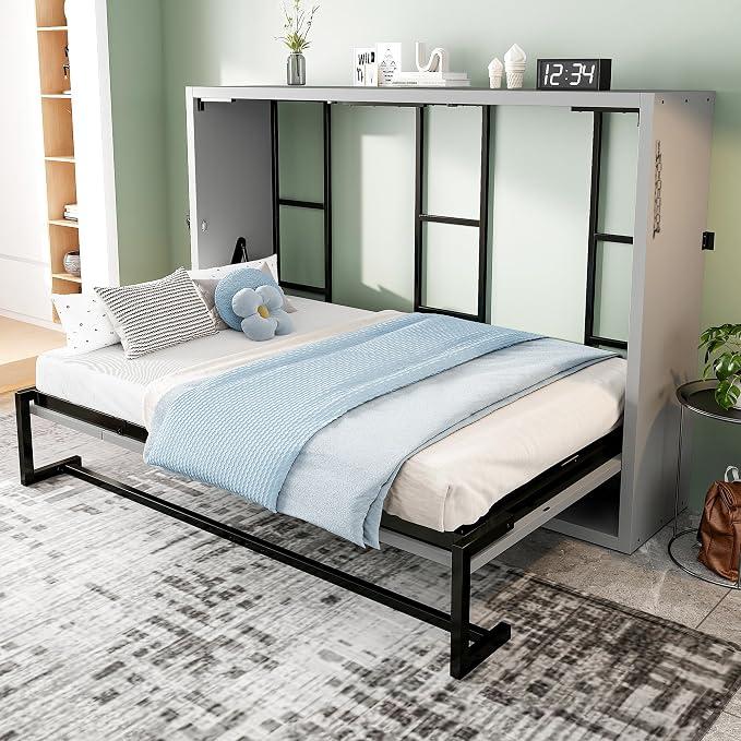 Schrankbett 140x200cm aus Metallrahmen und Holzplatte, Klappbares Einzelbett platzsparendes Wandbett mit Lattenrost Wandklappbett Murphy Bed Bettschrank Klappbett mit Schrank, Ohne Matratze