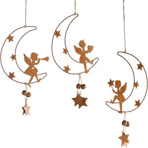 Frank-Flechtwaren Weihnachtsdeko Engel auf Mond, 3 Stück, Hänger aus Metall, 15 x 26 cm