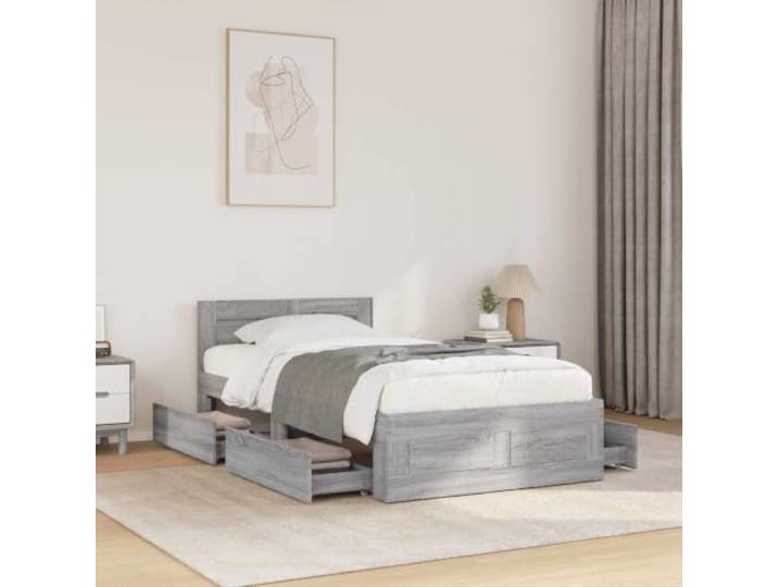 RJPLMFV Bettgestell mit Schublade, 2 Stück, Sonoma, Grau, Holz Mit Kopfteil, integrierten Regalen, ausziehbarer Aufbewahrung, modernes Design, Schlafzimmer