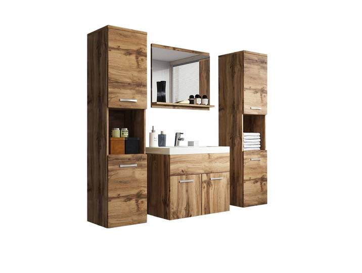 Feldmann-Wohnen Badmöbel-Set Montreal, (2 Hängeschränke, 1 Spiegel, 1 Waschbeckenunterschrank, 1 Waschbecken, 5-St., Türen, Einlegeböden, offene Fächer, Spiegel, Waschbecken), 5-teilig, Eiche Wotan