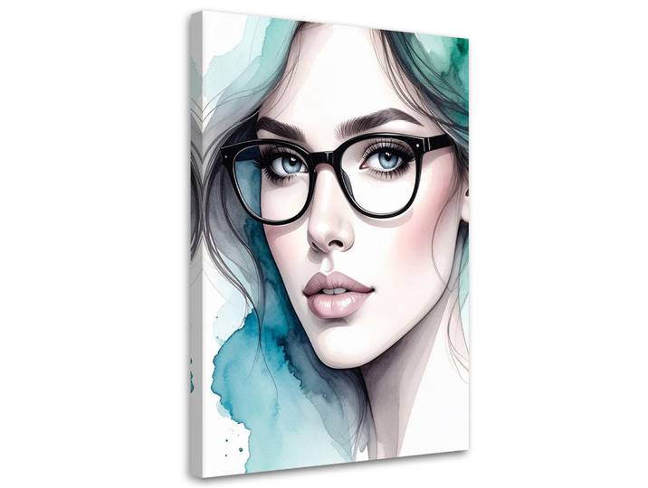 Feeby Leinwandbild Porträt einer Frau mit Brille 80x120cm, Türkis, Person/Charakter, Rechteckig, 80x120 cm, Bilder & Rahmen, Bilder, Leinwandbilder