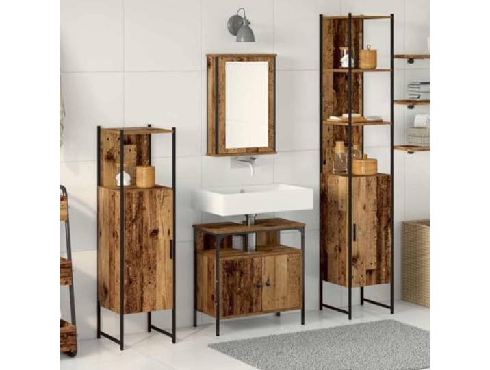 ZQQLVOO Badezimmermoebel-Set 4 Stueck Altholz 33x33x185,5 cm Schrank Holzwerkstoff, wandmontiert, buendige Tueren, Knopfgriffe, schwarze Beine, rechteckige Form, einfache Pflege