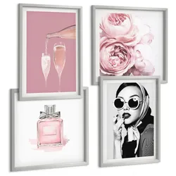 BILDER SET 4er Set - 50x50 cm & 40x60 cm Silberner Rahmen - Stilvolle pinkfarbene Accessoires