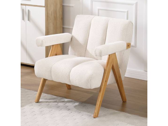 chairus Fauteuil Salon Confortable Fauteuil Scandinave en Chenille pour Chambre Bureau Fauteuil Moderne avec Cadre en Bois Beige