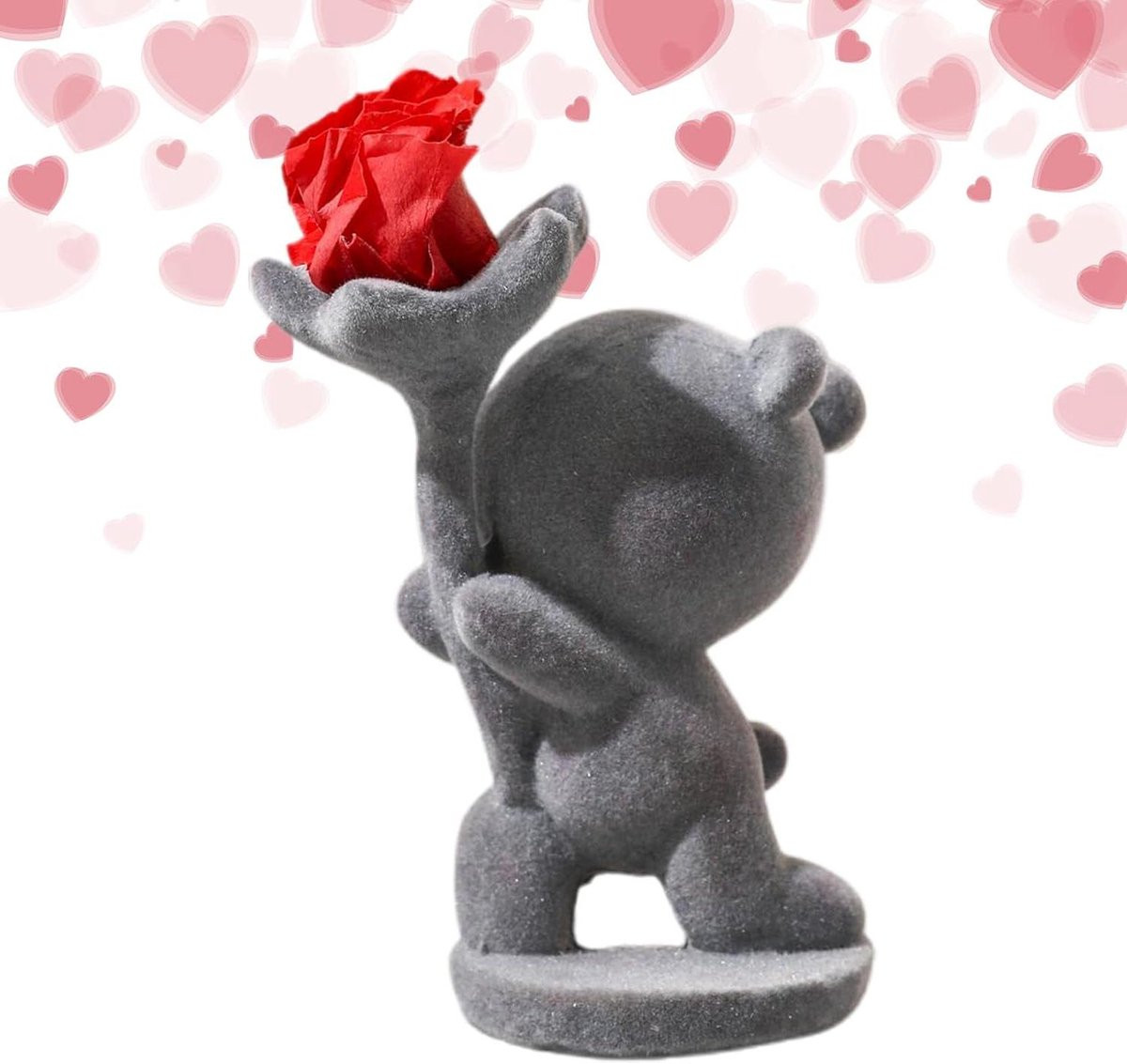 Grijs Beren Beeldje met Boeket - Kunstbeer Decoratie voor op de Tafel - 11 x 5 cm