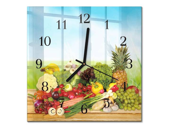 Tulup Wanduhr 30x30 cm - Gemüse Obst, Mehrfarbig, Glas, Quadratisch, 30x30x0.4 cm, Dekoration, Uhren, Wanduhren