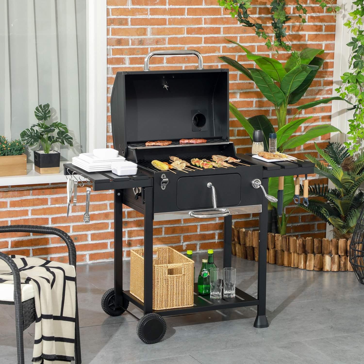 Holzkohlegrill Campinggrill Mit Zwei Grillrost, Klappbare Seitenablage, Grillwagen Mit Regal, Griff, Edelstahl, Schwarz