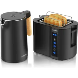 Arendo Frühstücks Set Edelstahl Wasserkocher 1,5l, 45°C-100°C & 2-Scheiben Doppelschlitz Toaster, Schwarz, Wasserkocher, Schwarz