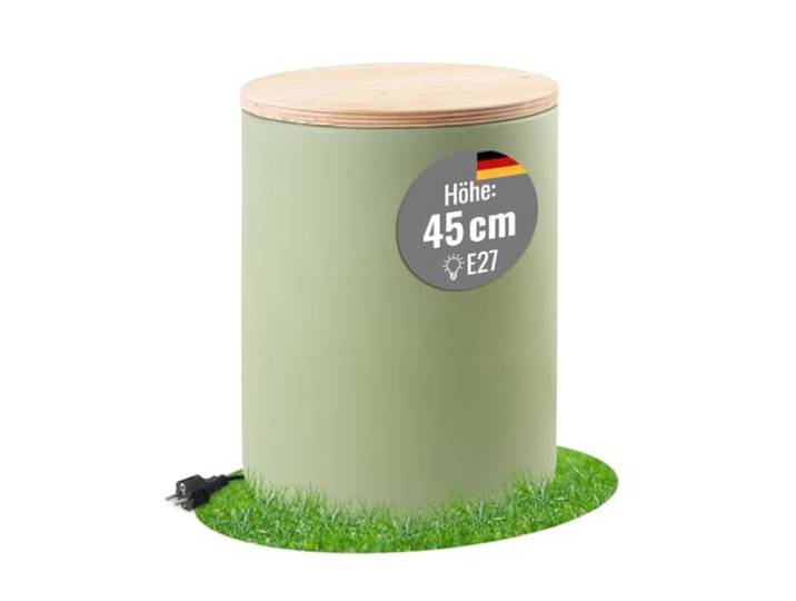 8 seasons design Beistelltisch 45 cm, Shining Drum (mint), E27, Leuchtmittel warmweiß – wetterfest – für außen und innen, inkl. Holz-Deckel (Garten, Balkon, Wohnzimmer) – Pflanzentopf, Getränkekühler