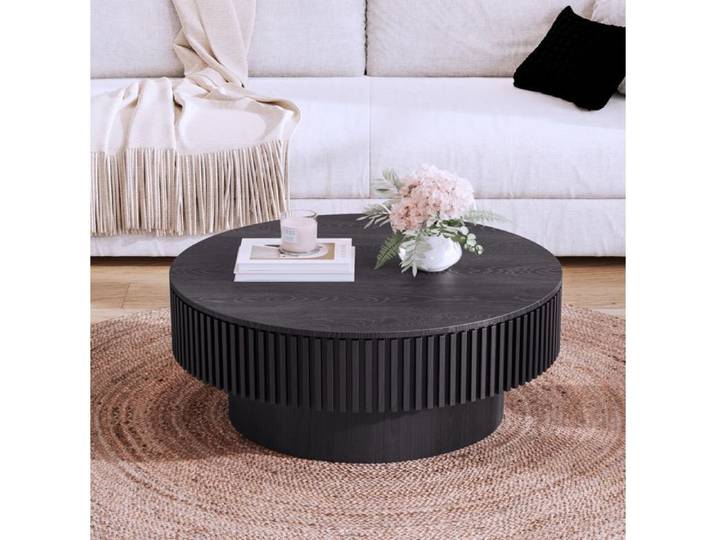 COVREO Table basse ronde 75 cm noire avec rangement caché MDF et placage bois