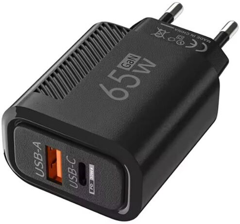 Cargador GaN 65W USB-C USB-A con carga rápida PD y QC3.0 Negro