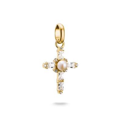 Charm Kreuz THOMAS SABO "Charm Vintage-Kreuz vergoldet - Connect", gelb (gelbgoldfarben, kristallweiß, weiß, kristallweiß), Charms, Damen, Silber 925 (recycelt), mit Zirkonia (synth.) - mit Süßwasserzuchtperle