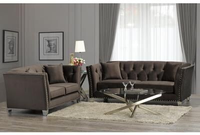 Harlow Modern Chocolate Brown Velvet Tufted Nailhead Sofa and Loveseat