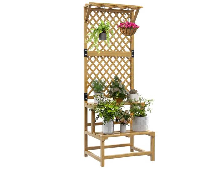 Support à plantes en bois étagère à plantes à 2 niveaux avec treillis pour jardin patio terrasse naturel