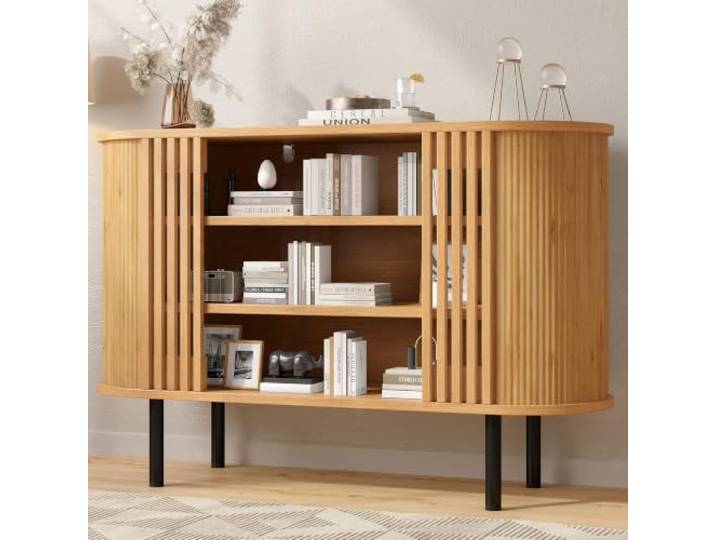 BXEYXE 120x40x80cm Sideboard,Buffet-Aufbewahrungsschrank,Naturholzfarbe Praktisches Offene Zaunkonstruktion für Wohn‑ und Esszimmer,Einstellbar Metallbeine,MDF-Material,Großes Stauraumvolumen