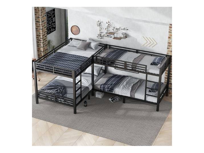 Flieks Etagenbett, Eisenbett Kinderbett 90x200cm*2+140x200cm*2 mit Dreistufiger Leiter