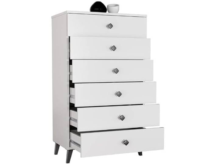 BDW Weiße Kommode mit 6 Schubladen - Kommode für Schlafzimmer, Wohnzimmer - Hergestellt aus 16 mm laminierter Platte - Modernes Design - 60x104x37 cm - Weiß mit Schwarz Details