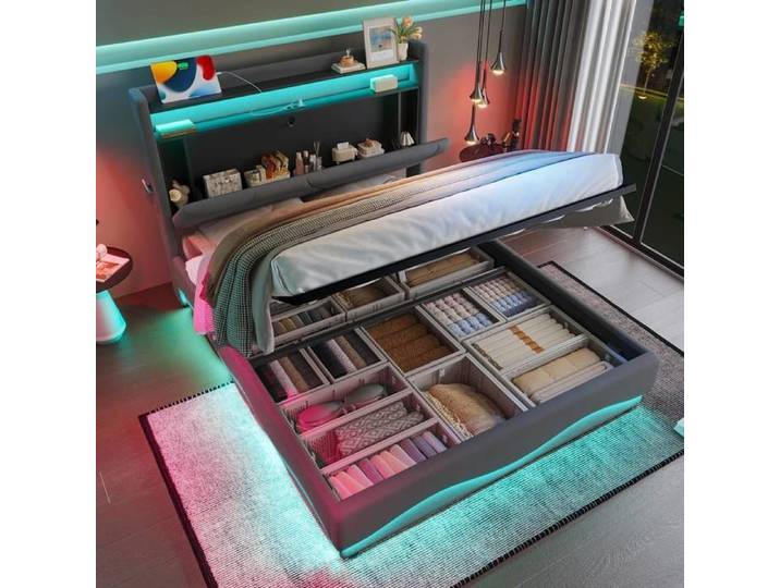 Norevia Lit coffre 140x200 Velours Gris Lit Double Capitonné avec Tête de Lit LED Port USB Rangement et Sommier Relevable