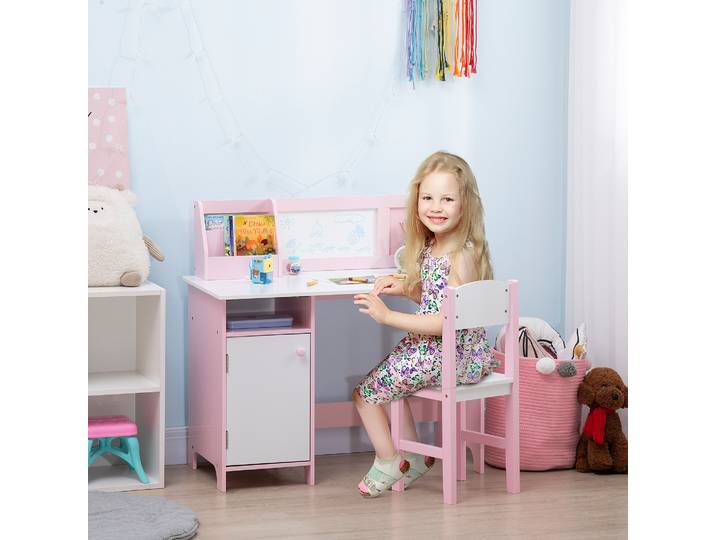 HOMCOM Bureau Enfant +5 Ans avec Tableau Blanc Rose