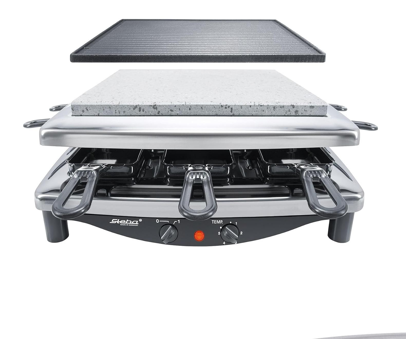 Steba RC 3 PLUS raclettegrill in zilver met 8 pannetjes, natuursteen en gietijzeren grillplaat