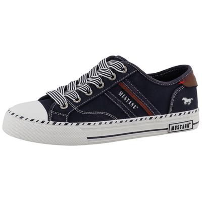 Slip-On Sneaker MUSTANG SHOES "Magdalena", Damen, Gr. 37, Baumwolle, navy, Schuhe, Slipper, Halbschuh mit Kontrastbesatz und Logoschriftzügen
