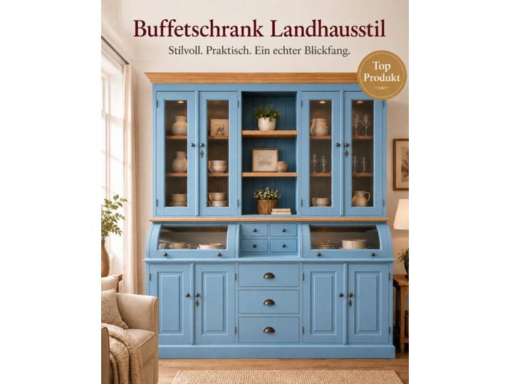 Wohnpalast Buffet Buffet Schrank Berlin 200 cm Blau mit Eiche- Landhaus Möbel