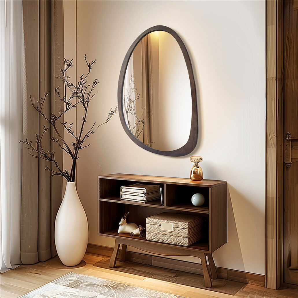 Metro Asymmetrical Wood Framed Wall Accent Mirror Brown Wood 70cm x 50cm