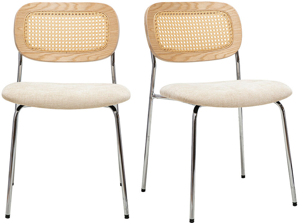 Miliboo Stoffdesign-Stühle in beige Samtoptik, Chrommetall und Rattangeflecht (2er-Set) MIRANDA