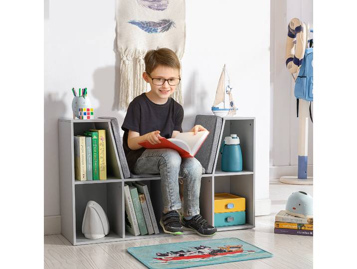 HOMCOM Étagère + Banc Enfant 103cm Blanc/Gris avec Coussin