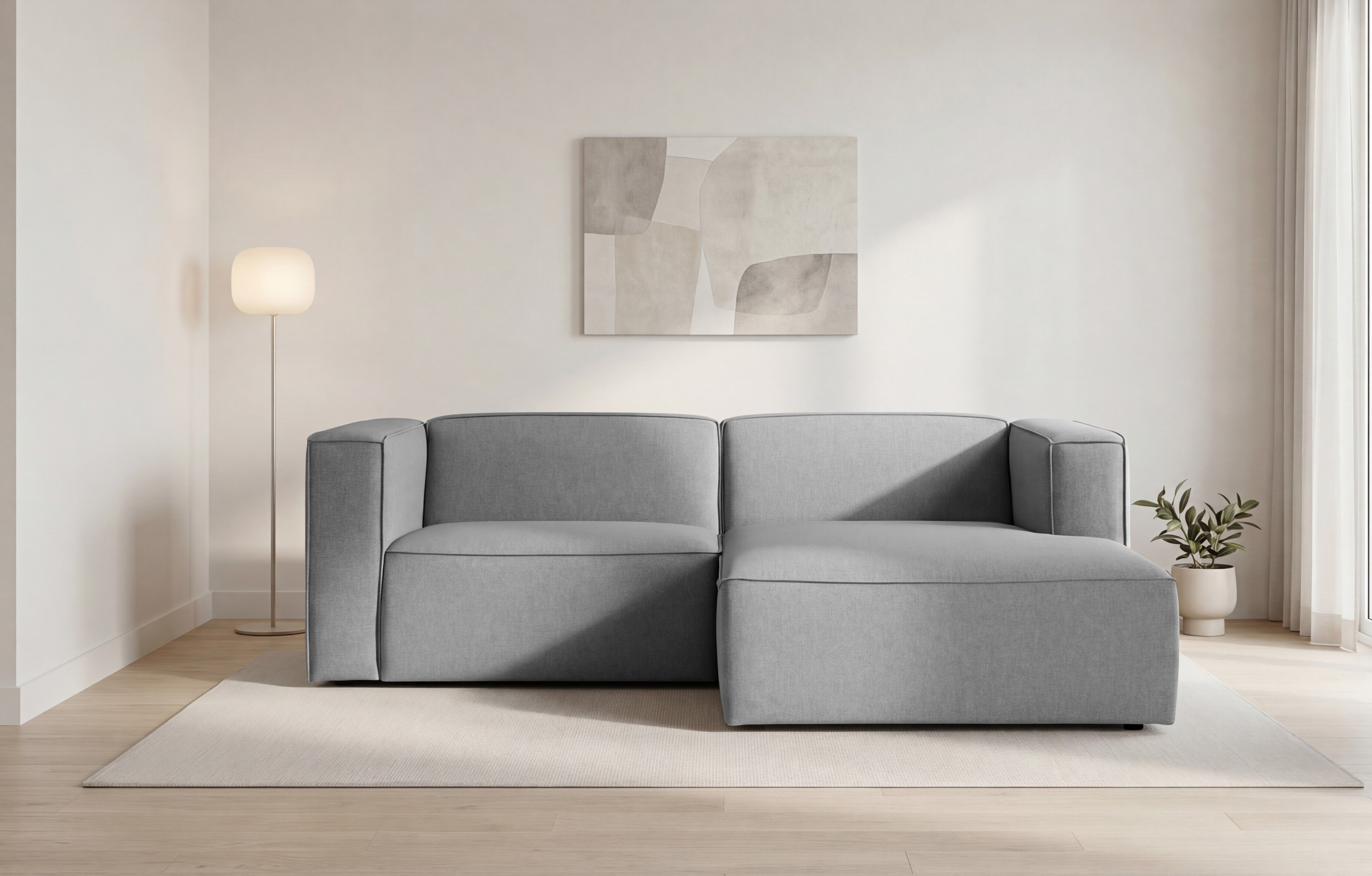 Ecksofa GOODPRODUCT "Dalby, L-Form", grau (light grau), B:228cm H:73cm T:154cm, 100% PES, Sofas, Ecksofa, extra tiefe Sitzfläche, mit Kedernaht, angenehmer Sitzkomfort light grau B/H/T: 228cm x 73cm x 154cm, Struktur, Recamiere rechts