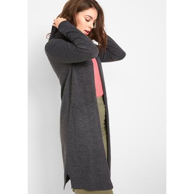 Longstrickjacke BONPRIX "Longstrickjacke mit Kapuze", Damen, Gr. 40/42 (M), grau (anthrazit meliert), Obermaterial: 100% Polyacryl, lässig geschnitten, Strickjacken Longstrickjacke, lässige Passform, mit Kapuze, mit aufgesetzten Taschen