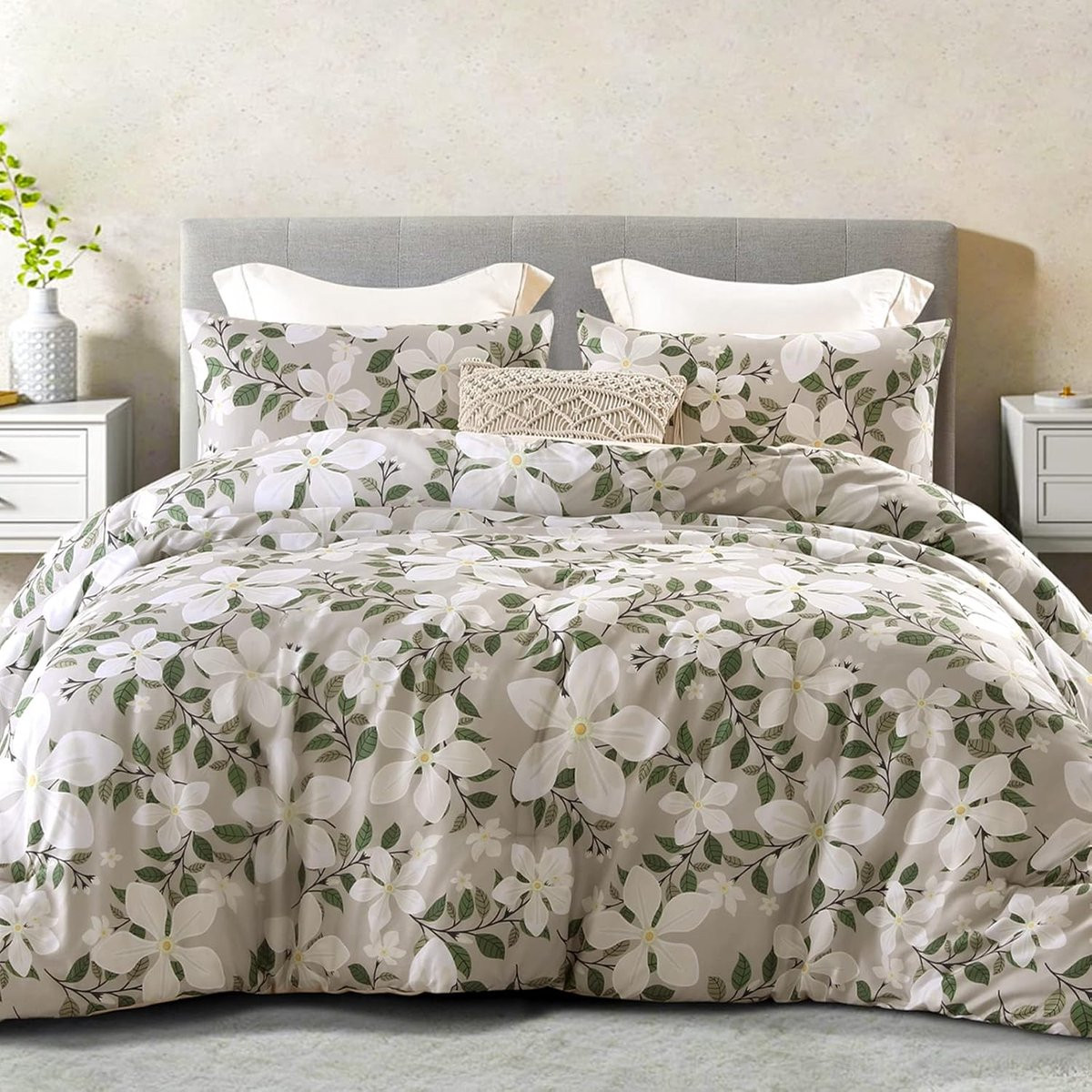 Dekbedovertrek Set met Beige Bloemen - Ademend en Lichtgewicht - 200 x 200 cm