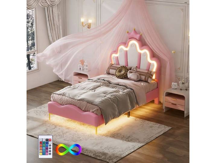 Lit Enfant 90x200cm avec LED Lit Princesse Couronne Tête Réglable en Hauteur Lit Enfant Fille avec sommier 1 personnes PU Rose