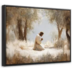 LEINWAND Bilder mit Rahmen - Jesus - Kniend - Waldlandschaft - Betend - 40x30