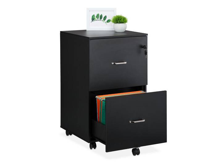Relaxdays Rollcontainer Schwarz abschließbar 2 Schubladen, Holzwerkstoff, Kunststoff, Metall, 43x72x46 cm, Büromöbel, Container