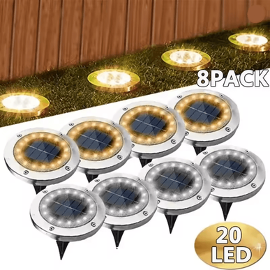 Inspire Essentials SolarGlow Outdoor Disk Lights Set 8 Pcs 8led white
