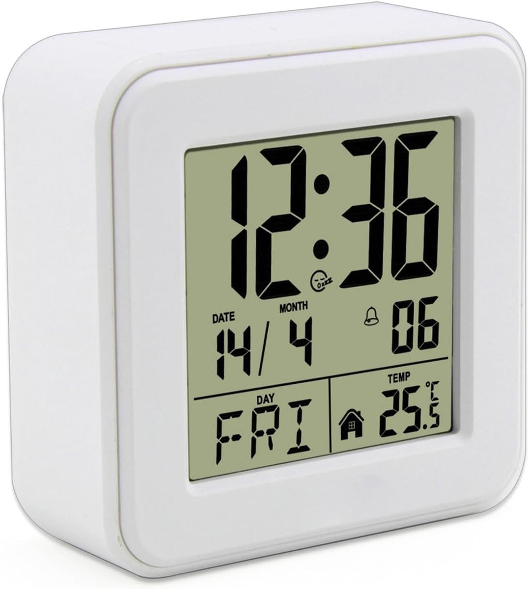 Digitale bureauklok met groot scherm en temperatuurweergave, meertalig alarm en snooze-functie, wit