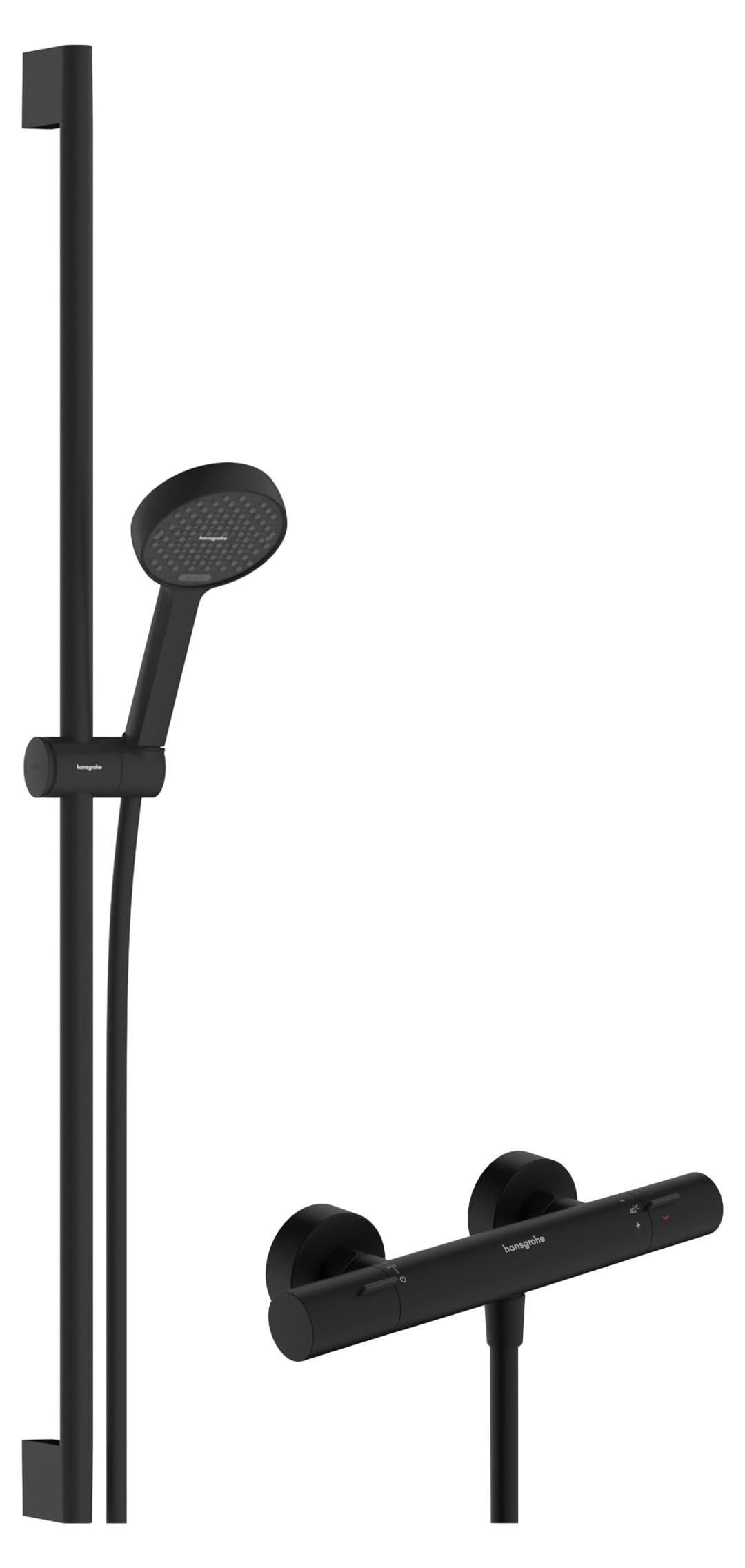 Doucheset mit Thermostat, 90 cm Stange, 1,60 m Schlauch, matt schwarz
